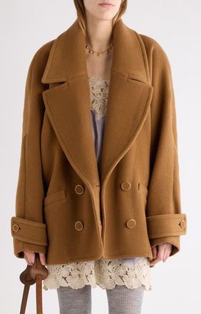 Chlo&eacute; Double Breasted Virgin Wool Herringbone Coat in Dusty Camel at Nordstrom, Size 38