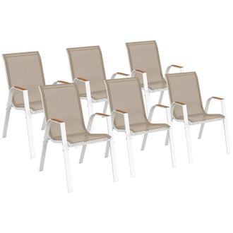 IDMarket Set Di 6 Sedie Da Giardino Impilabili Noumea In Metallo E Textilene, Bianco E Legno