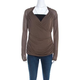 Escada Olive Green Stretch Knit Draped Faux Wrap Bodice Top