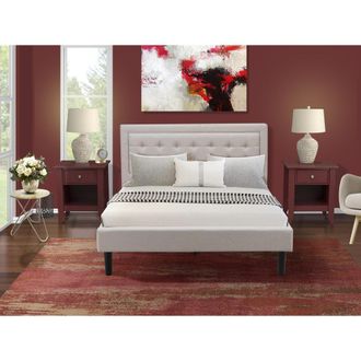 East West Furniture FN08Q-2GA13 3-Piece Fannin Bedroom Furniture Set with 1 Wingback Bed and 2 Bedroom Nightstands - Mist Beige Linen Fabric