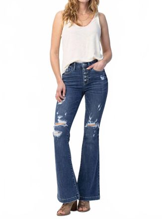 Judy Blue Midrise Button Fly Trouser Flare With Distressing In Blue