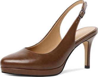 EDEFS Womens Brown Slingback Heels with 3.5 Inch High Heel Platform Elegant Court Shoes for Office and Evening Wear UK2
