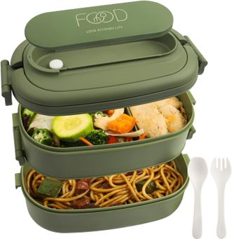 OEM Fiambrera De Dos Compartimentos De 1550 Ml Para Adultos, Con Cubiertos Incluidos - Libre De Bpa, Apta Para Microondas Y Lavavajillas - Verde