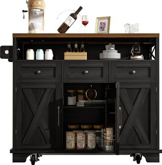 STILVORA Carro De Cocina Con 3 Cajones, Encimera Abatible, Ruedas Y Toallero, En Mdf Y Metal, Negro, 118 X 43-80 X 98 Cm