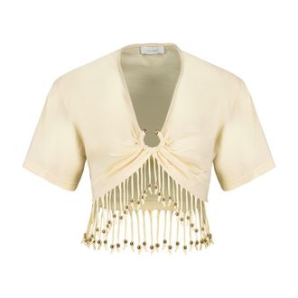 Paco Rabanne Beaded Fringe Hem Cotton T-Shirt - ivory