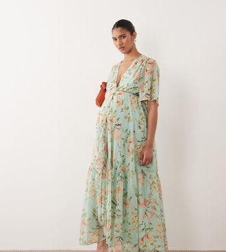 Hope & Ivy Maternity Vestito lungo avvolgente verde salvia a fiori con maniche con volant