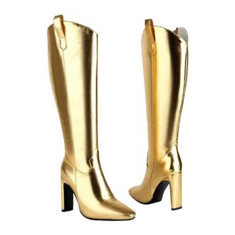 Generic Womens Fashion Knee High Boots Pointed Toe Super High Square Heel With Side Zipper For Wide Calf Fit Party Wear