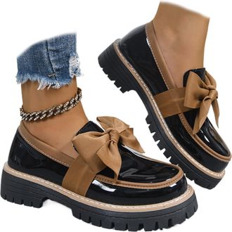 Generic Womens Patent Bowknot Thick Sole Loafers - Platform Round Toe Slip-On Shoes, Chunky Heel Non-Slip Loafers for Women for Office Business Work Everyday 