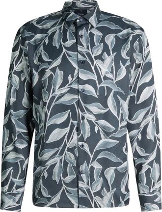 Joop Viscose Shirt met Plantmotiefprint - Heren - Casual Overhemden - Blauw - 3XL - Overhemden