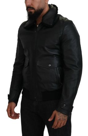 Dolce & Gabbana Black Lamb Leather Collared Men Coat Jacket Clothing