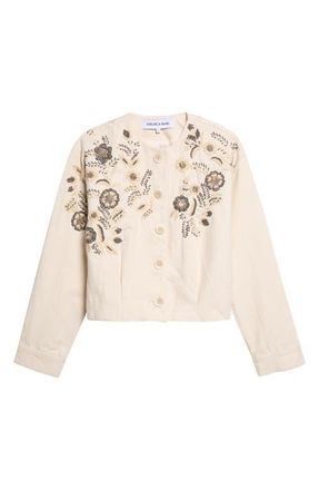 Veronica Beard Emeren Embroidered Collarless Cotton Jacket in Ecru at Nordstrom, Size X-Large