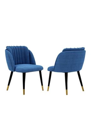 Life Interiors Set of 2 Milano Velvet Dining Chairs with Stylish Ribbed Back Design, Black Metal Legs with Gold Tips in Blue