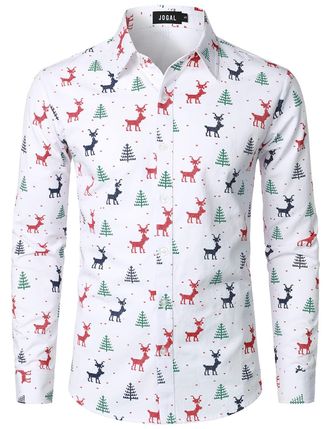 JOGAL Mens Fun Christmas Print Santa Claus Shirts Long Sleeve Button Up Dress Shirts White XX-Large