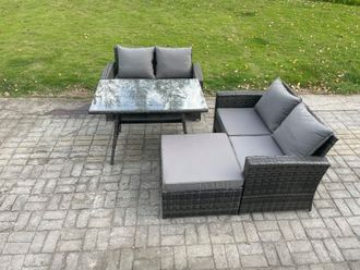 Fimous Garden Furniture Sets 4 Pieces Wicker Rattan Furniture Manual Wicker Patio Sofa Patio Conversation Set with Big Footstool in Dark Grey