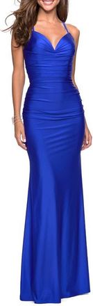 La Femme Form Fitting Jersey Dress with Ruching and Strappy Back in Sapphire Blue at Nordstrom, Size 12