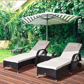 OUTSUNNY 3 PCS Rattan Lounger Recliner Bed Garden Furniture Set Side Table in Black