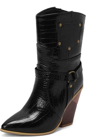 Generic Womens Crocodile Pattern Mid Calf Boots Pointed Toe Chunky Heel Buckle Decor Cushioned Insole Non-Slip Outsole Party Daily Streetwear Shoes,Black,3.5 