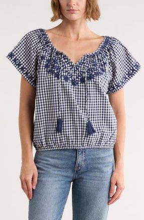 Lucky Brand Gingham Short Sleeve Cotton Top in Navy Gingham at Nordstrom Rack, Size X-Large