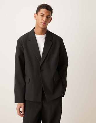 Asos Giacca da abito squadrata nera testurizzata a coste-Nero