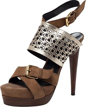 Pierre Hardy Brown Suede And Metallic Cut Out Leather Platform Slingback Sandals