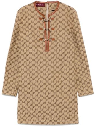 Gucci GG-canvas Horsebit-detail mini dress - women - Cotton/Polyester/Lamb Skin - 40 - Brown