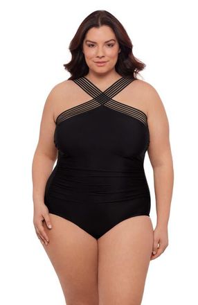 Aqua Green Plus Size Novelty Trim High Criss Cross Neck Full Coverage One-Piece Swimsuit in Black at Nordstrom, Size 2X