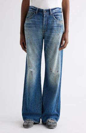 Acne Studios 2021 Regular Fit Distressed Wide Leg Jeans in Mid Blue at Nordstrom, Size 24 X 30