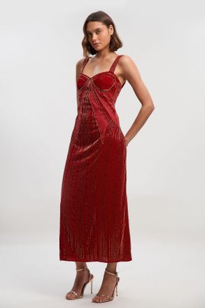 Karen Millen Womens Velvet Embellished Strappy Maxi Dress - Rust - Size 14 UK