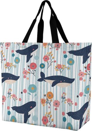 Generic Whales Flowers Japanese Reusable Shopping Bags Large Capacity Grocery Bag Heavy Duty Tote for Women 40x40x16cm