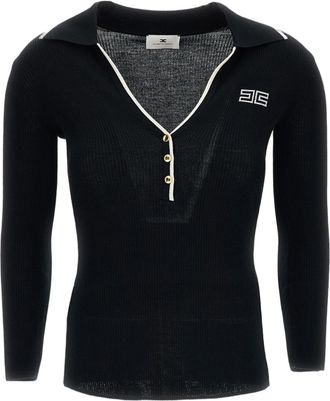 Elisabetta Franchi Black Stretch V-Neck Ribbed Knit Top