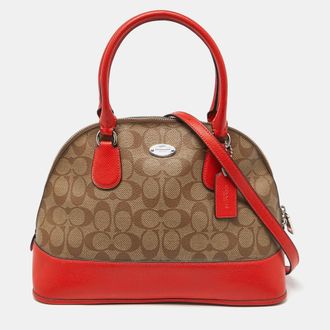 Coach Brown/orange Signature Coated Canvas And Leather Cora Dome Satchel