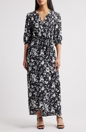 Connected Puff Sleeve Faux Wrap Maxi Dress in Black at Nordstrom, Size 14
