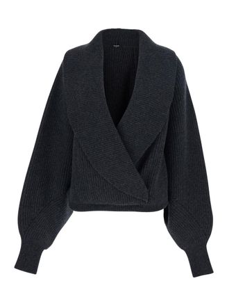 Balmain Grey Sweater With Weap Effect And Wide Revers In Wool Woman