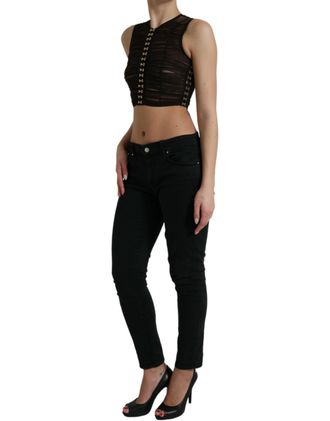 Dolce & Gabbana Womens Brown Embellished Nylon Stretch Cropped Top