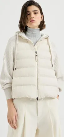 Brunello Cucinelli Water-resistant matte nylon hooded down jacket with knit sleeves and monili in White at Nordstrom, Size 38