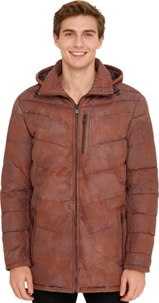 Infinity Leather Mens Tan Leather Quilted Jacket Detachable Hood Puffer Winter Coat - Orion