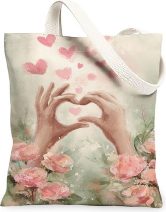 Generic Floral Heart Canvas Tote Bags, Flower Plant Pattern Reusable Grocery Bags, Spring Vintage Lightweight Washable Shoulder Str, Peach, 13x15 Inch
