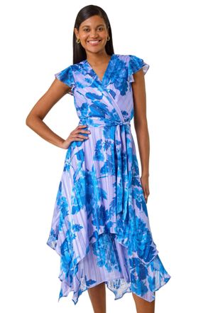 Roman Womens Floral Frill Midi Wrap Dress - Blue - Size 14 UK