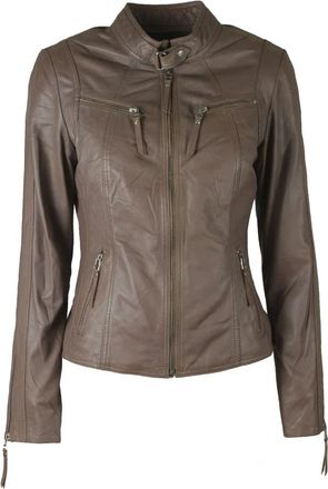 BTF-CPH Satin Beige Bikerjack met Zilveren Acc. - Dames - Leren en Su&egrave;de Jassen - Grijs - M - Leer - Jassen
