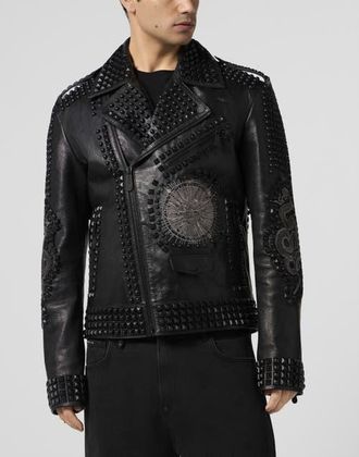 Philipp Plein Vintage Leather Biker Jacket Tattoo Patches &Amp; Studs Men in Black at Nordstrom, Size Xxx-Large