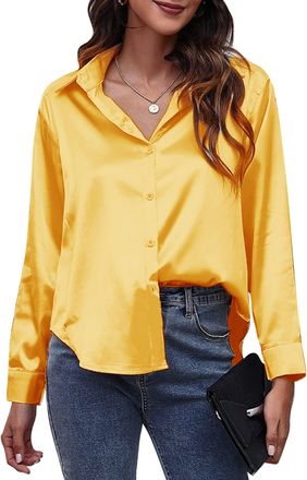 Feoya Satin Blouse for Women UK Long Sleeve Womens Silk Shirts Lapel V Neck Shirt Buton Down Tops Loose Fit Casual Bussiness Shirt Plain Collared Formal Shi