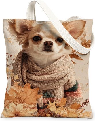 Generic Autumn Floral Canvas Tote Bags, Cute Animal Design Lightweight Washable Grocery Bags, Fall Vintage Cozy Pattern Reusable Sh, Beige, 13x15 Inch