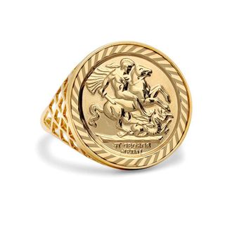 Jewelco London 9ct Gold St George Dragon Slayer Basket Half-Sovereign-Size Ring | Size: V