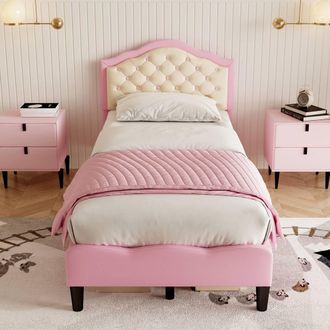 Merax 3ft Single PU Leather Upholstered Bed with Adjustable Headboard in Pink