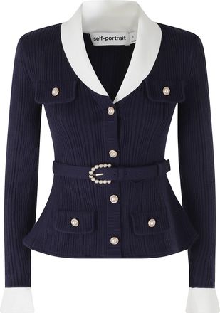 Self Portrait Navy Ribbed Jeweled Button V-Neck Cardigan