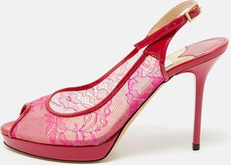 Jimmy Choo London Pink/burgundy Patent And Lace Nova Slingback Sandals