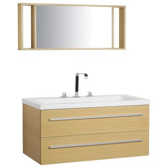 Beliani Mueble De Ba&ntilde;o Moderno Beige Y Plateado Con Espejo 2 Cajones Lavabo Almeria