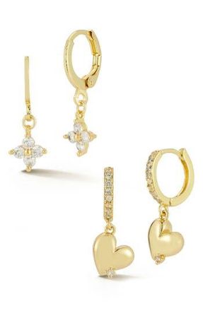 Glaze Jewelry Set of 2 Cubic Zirconia Clover & Heart Drop Huggie Hoop Earrings in Gold at Nordstrom Rack