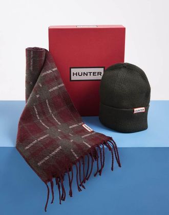 Hunter set regalo con berretto e sciarpa tartan verde