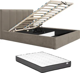 Vente-Unique Canap&eacute; abatible de 160 x 200 cm con cabecero de costuras verticales - Tela - Taupe - Con colch&oacute;n - KILACLO